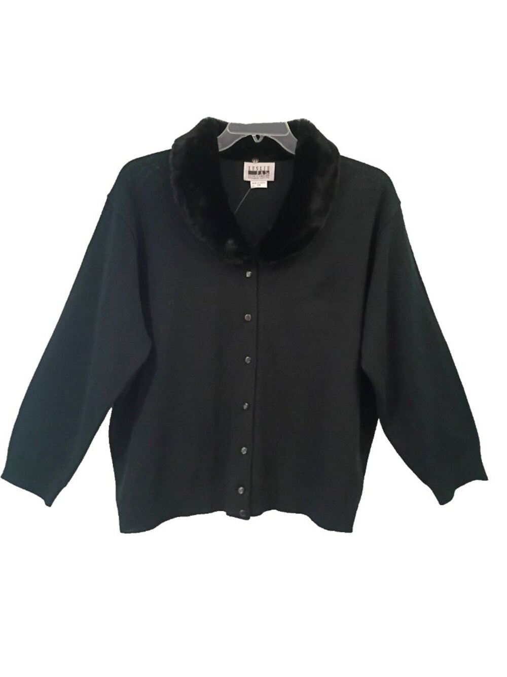 VTG Leslie Fay Cardigan Detachable Faux Fur Collar Buttons Black- 2XL Petite NWT